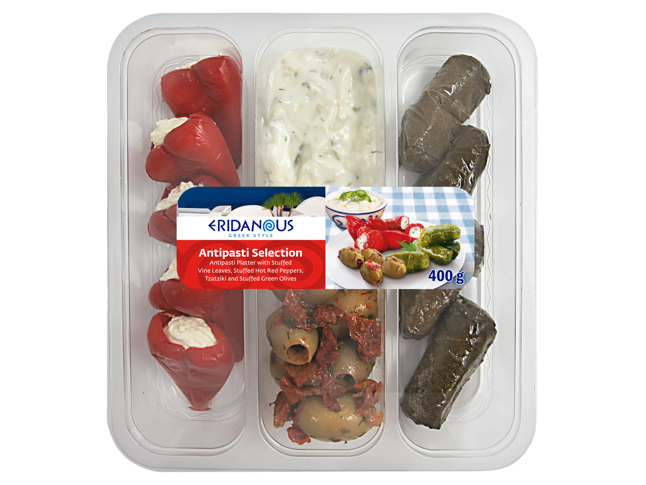 Eridanous Griekse antipasti selectie met gevulde wijnbladeren, rode pepers, tzatziki en olijven, 400 g.