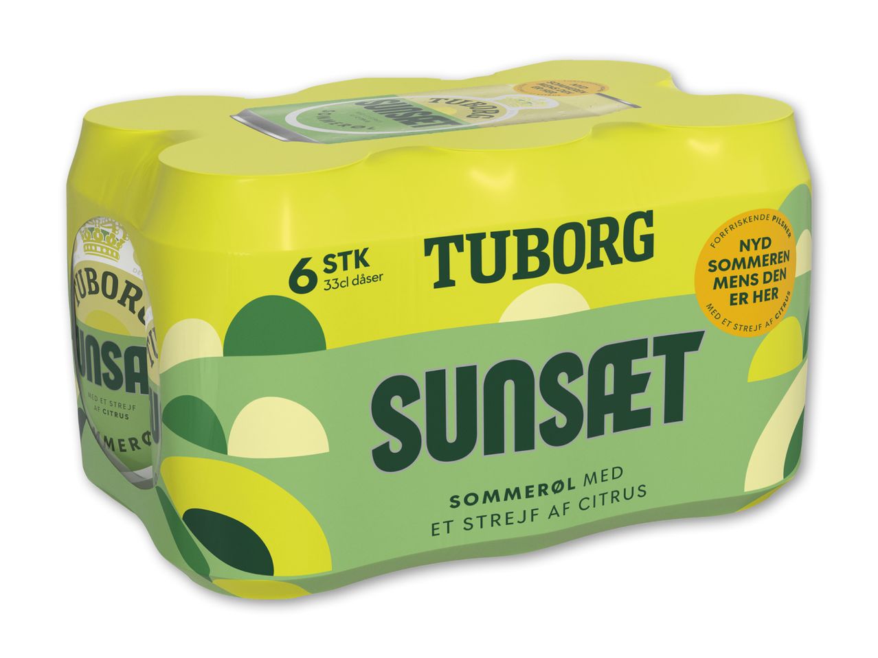 Seks-pakke sommerøl med citrus, Tuborg Sunsæt, 33cl dåser.
