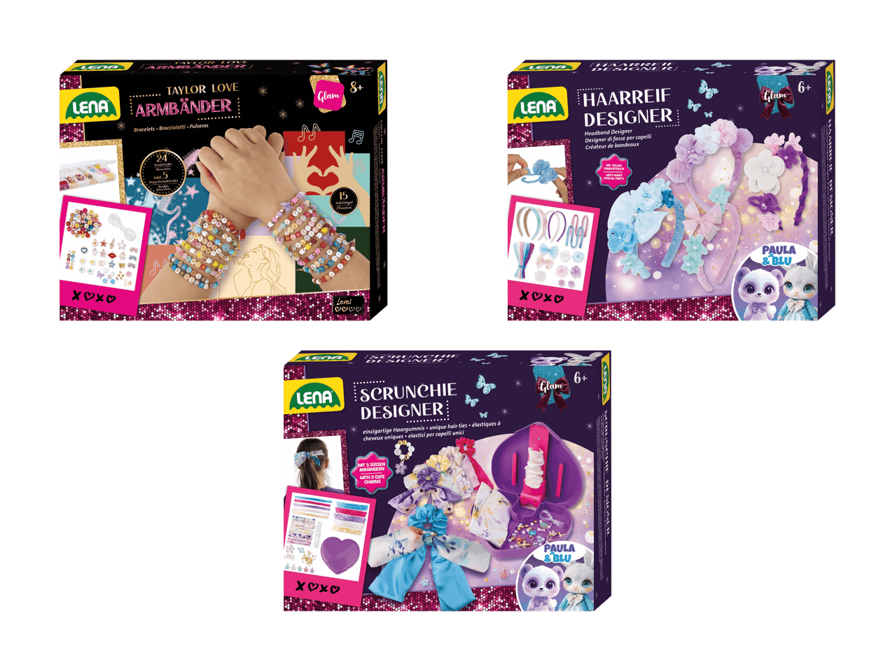 Kits de création de bracelets, bandeaux et chouchous, avec perles et accessoires glamour.