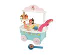 Wooden ice cream cart toy with various ice cream and topping accessories.