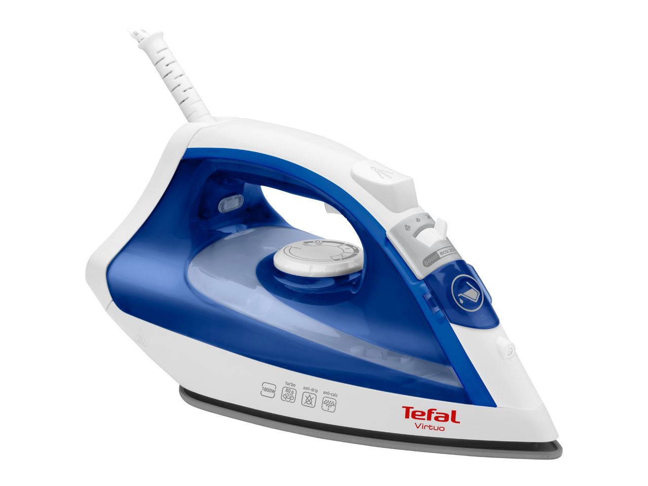 Tefal Virtuo -silitysrauta, valkoinen ja sininen, 1800W, turbo 80g, anti-drip, anti-calc