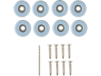 Eight light-blue caster wheels, eight screws, and a drill bit.
