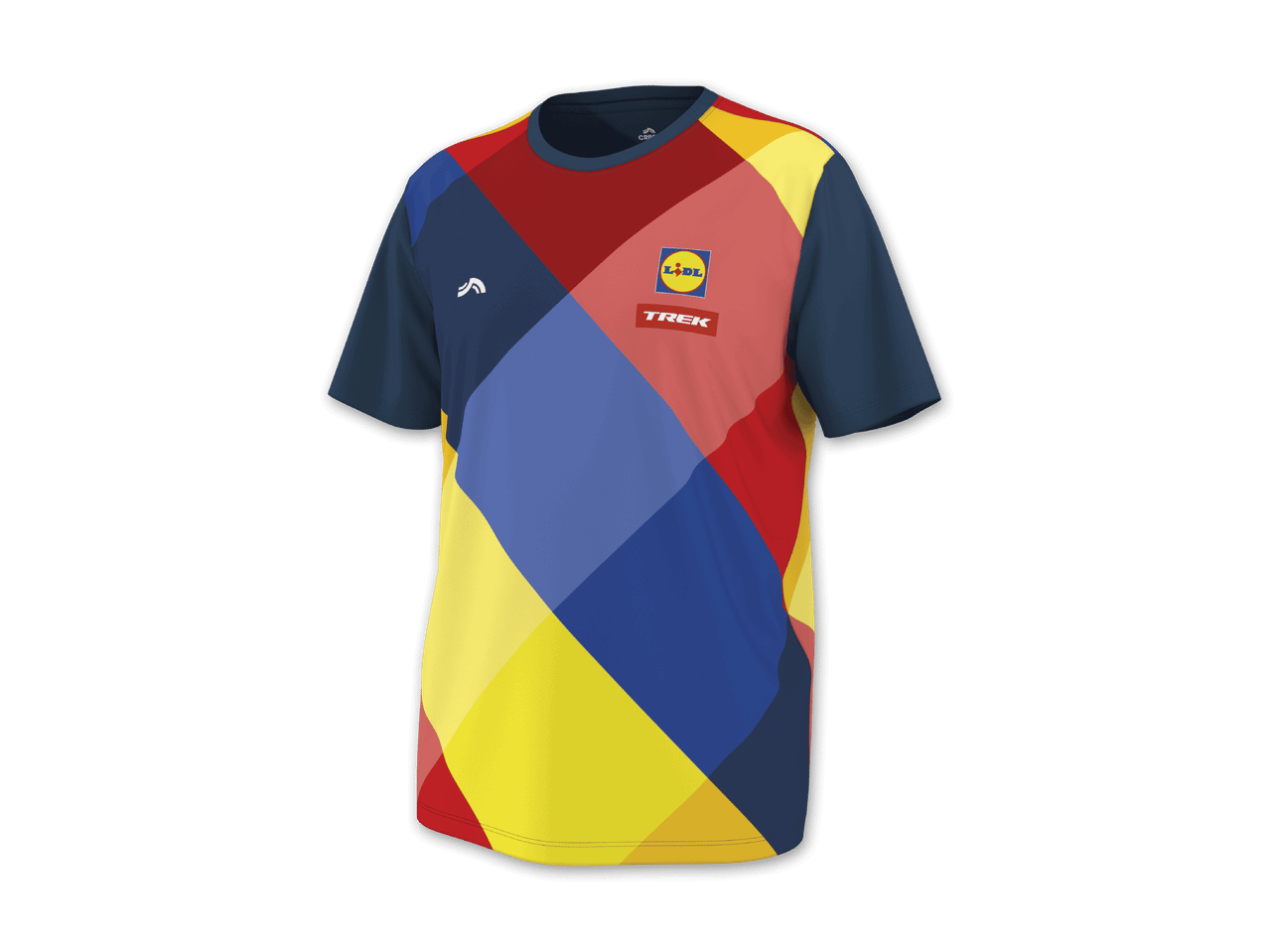 Buntes Sportshirt mit geometrischem Muster in Rot, Blau und Gelb.