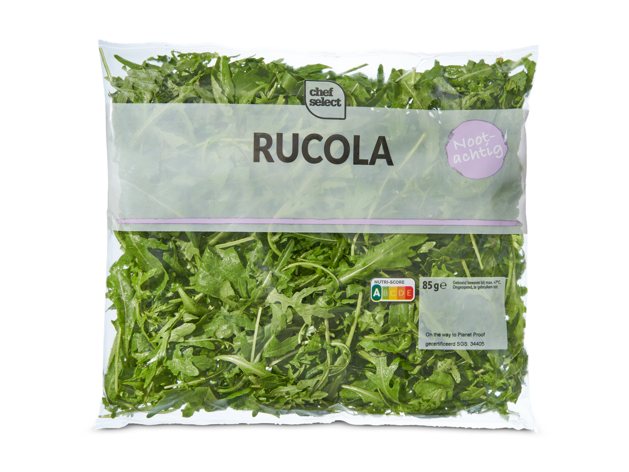 Chef Select Rucola (85g) in een plastic zak.