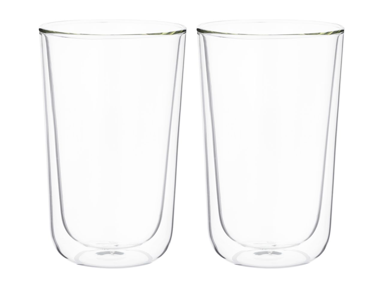 Two clear double-walled glass tumblers on a white background.