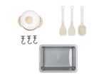 A white and wood toy pot, three wooden spatulas, three grey hooks, and a grey rectangular tray.