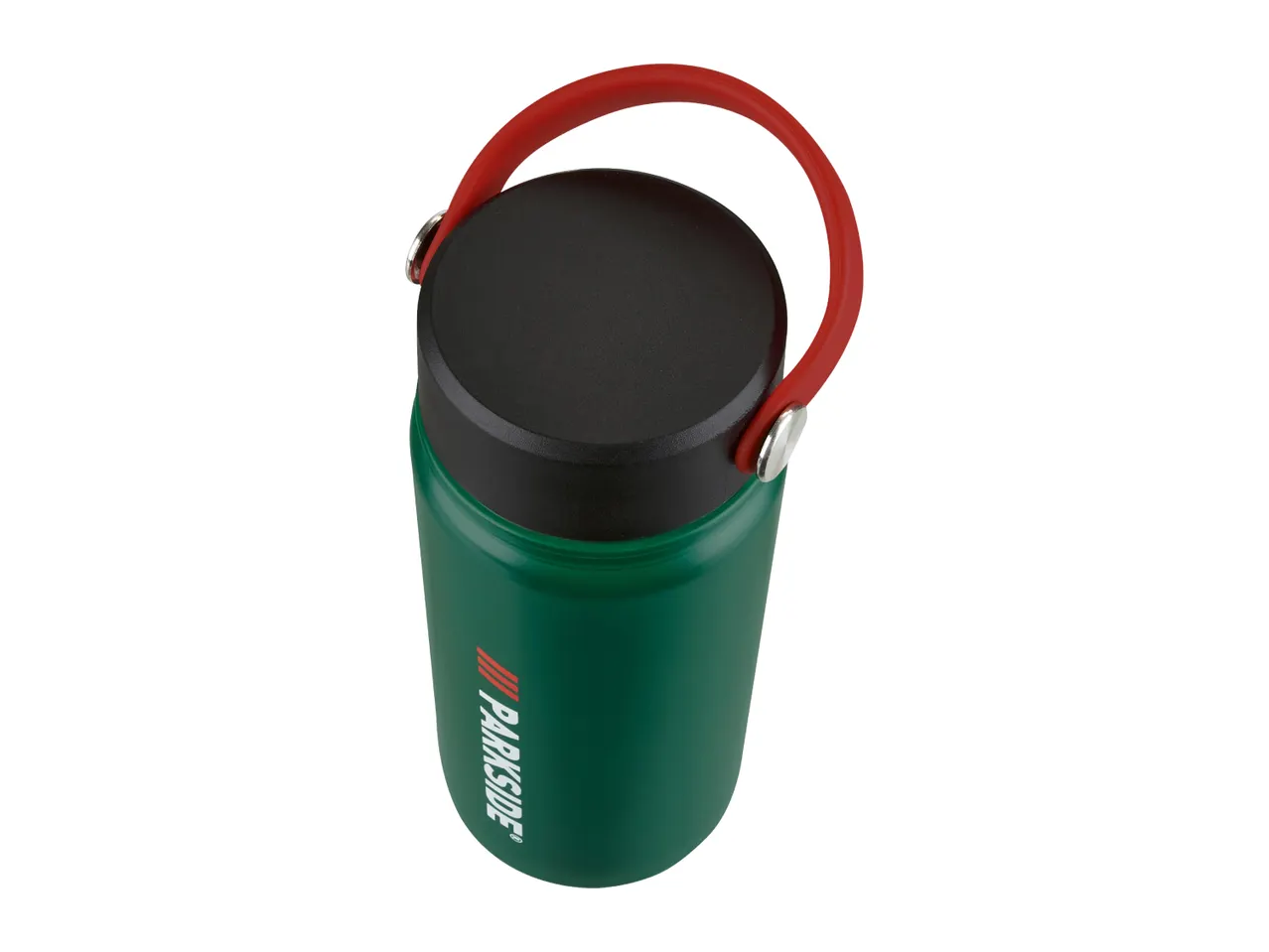 PARKSIDE green thermal bottle with black lid and red handle