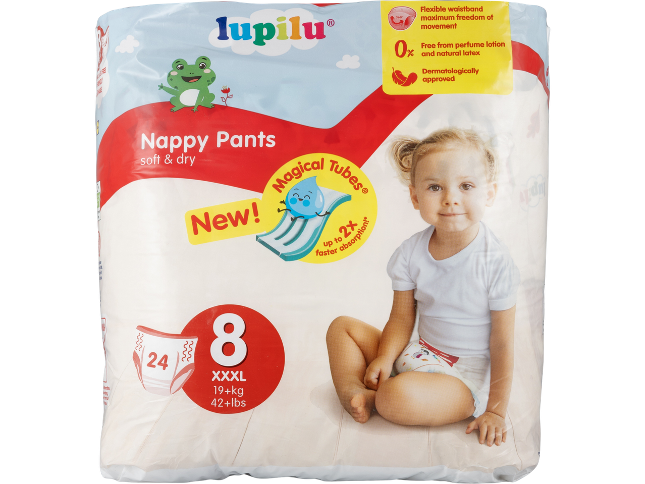 Lupilu Nappy Pants with a child wearing one, highlighting features like 'Magical Tubes' and '2x faster absorption'.