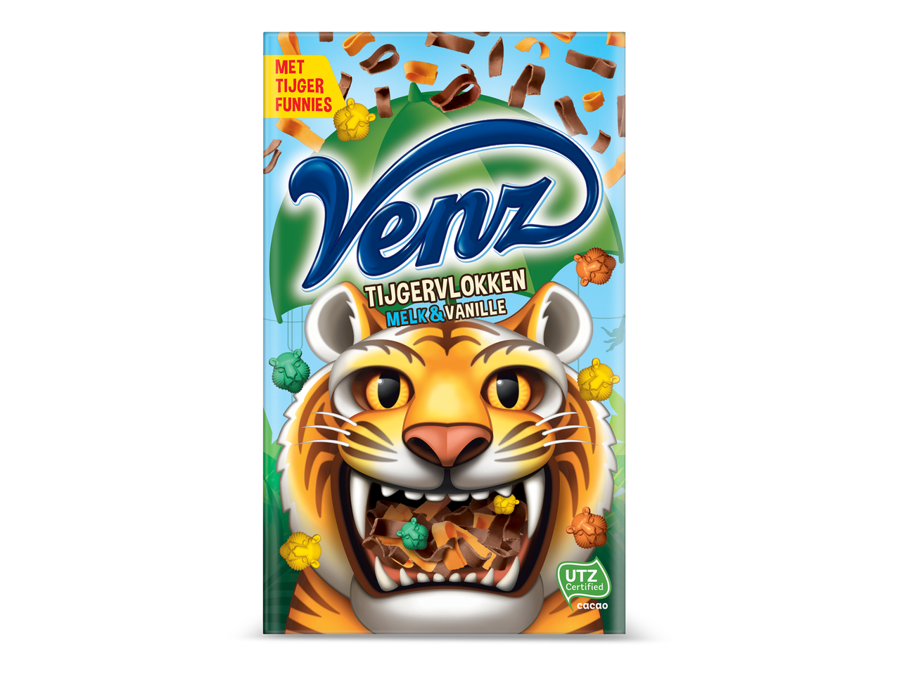 Verpakking met tijgervlokken melk & vanille, met een tijgerkop en UTZ Certified cacao logo.