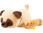Plush pug toy with a heart-shaped tag that reads 'Hug-A-Lumps' and '1.5 KG (3.3 LBS)'.