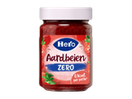 Een pot aardbeienjam met een wit deksel en een etiket met aardbeien en de tekst 'Aardbeien ZERO 8 kcal per portie'.