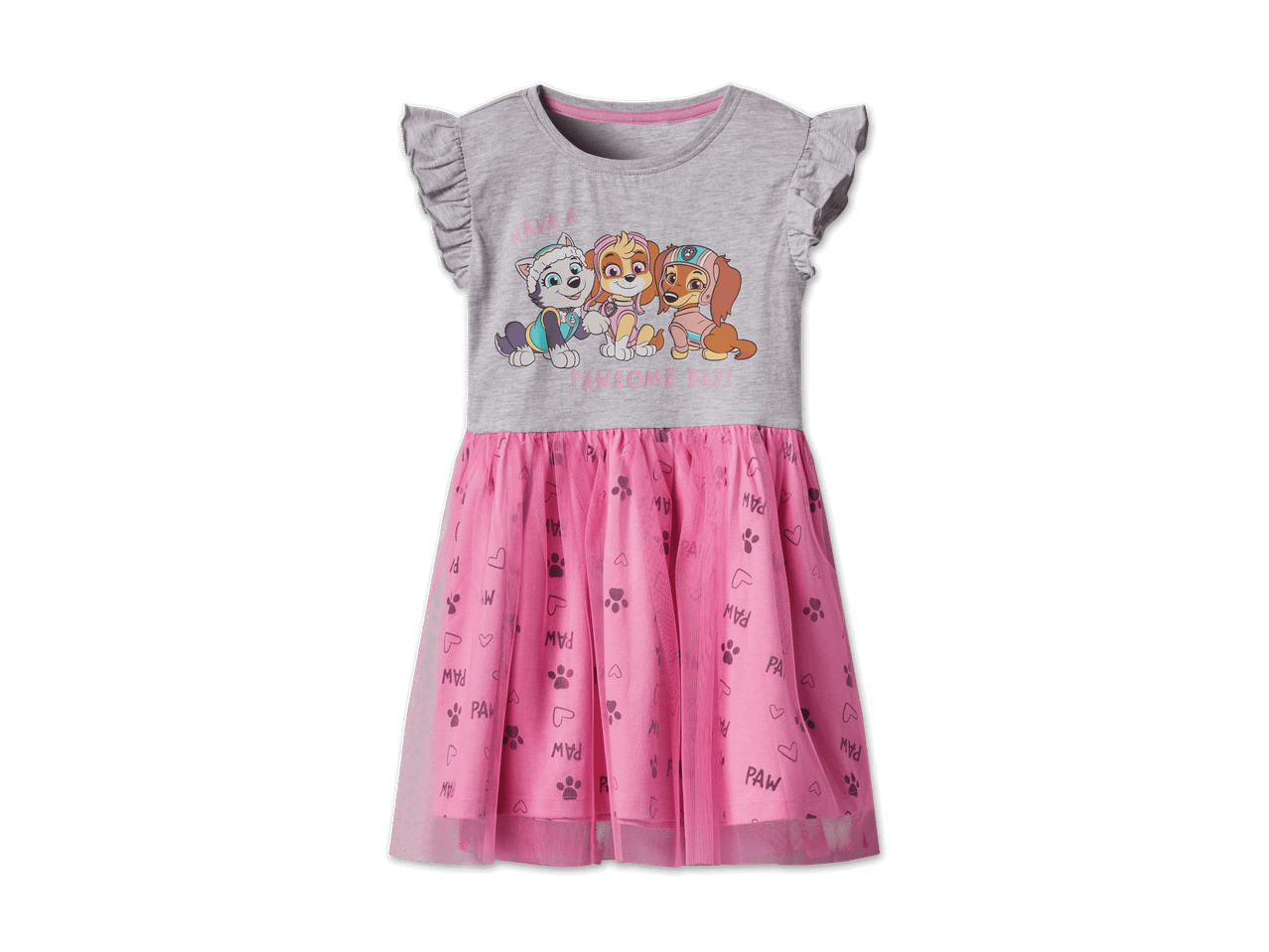 Graues und pinkes Paw Patrol Kleid mit Rüschenärmeln und Aufdruck von Skye, Everest und Tracker.
