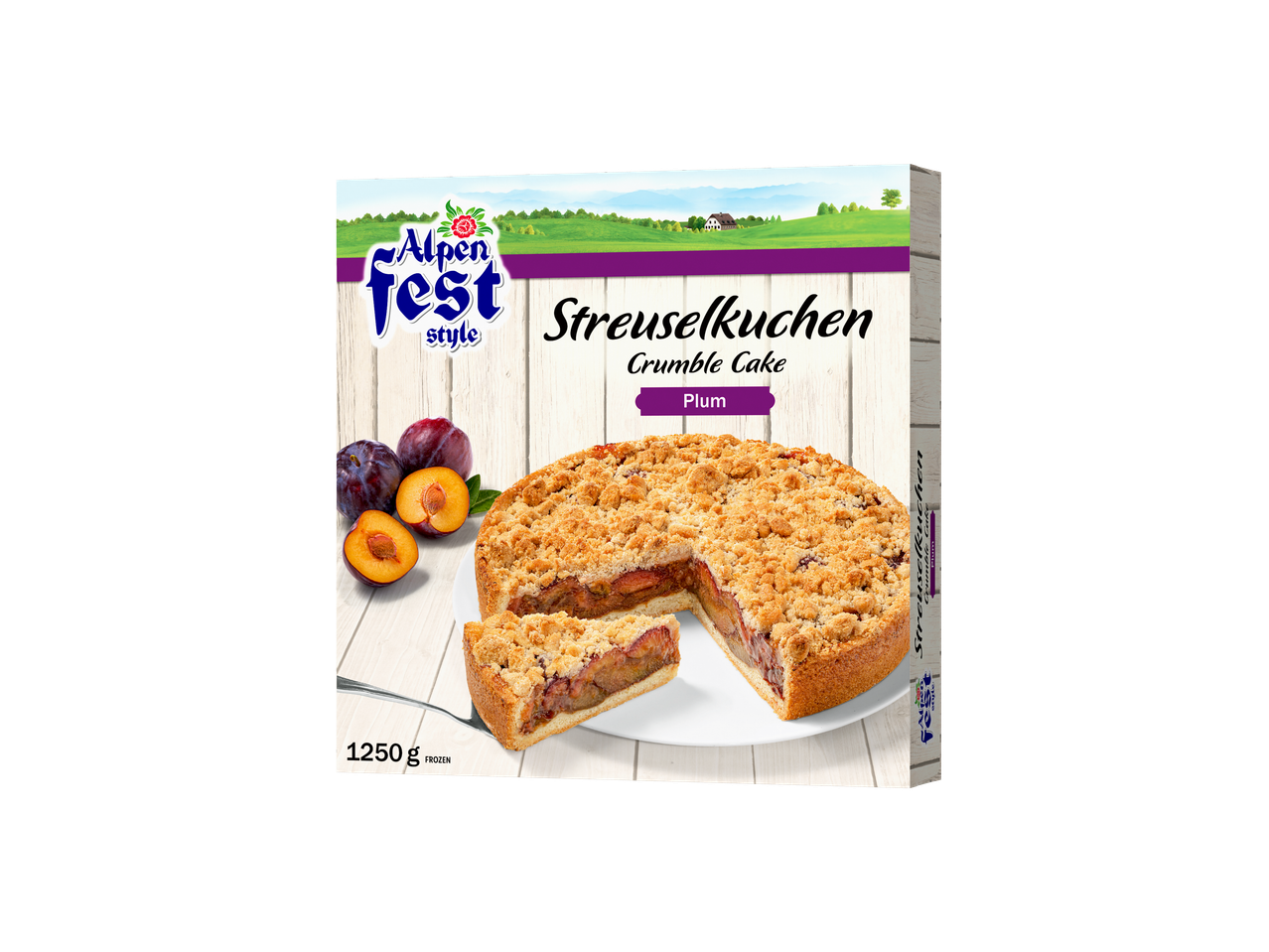 Alpenfest Plum Crumble Cake, 1250g, frozen, with a slice cut out, on a white wooden background.