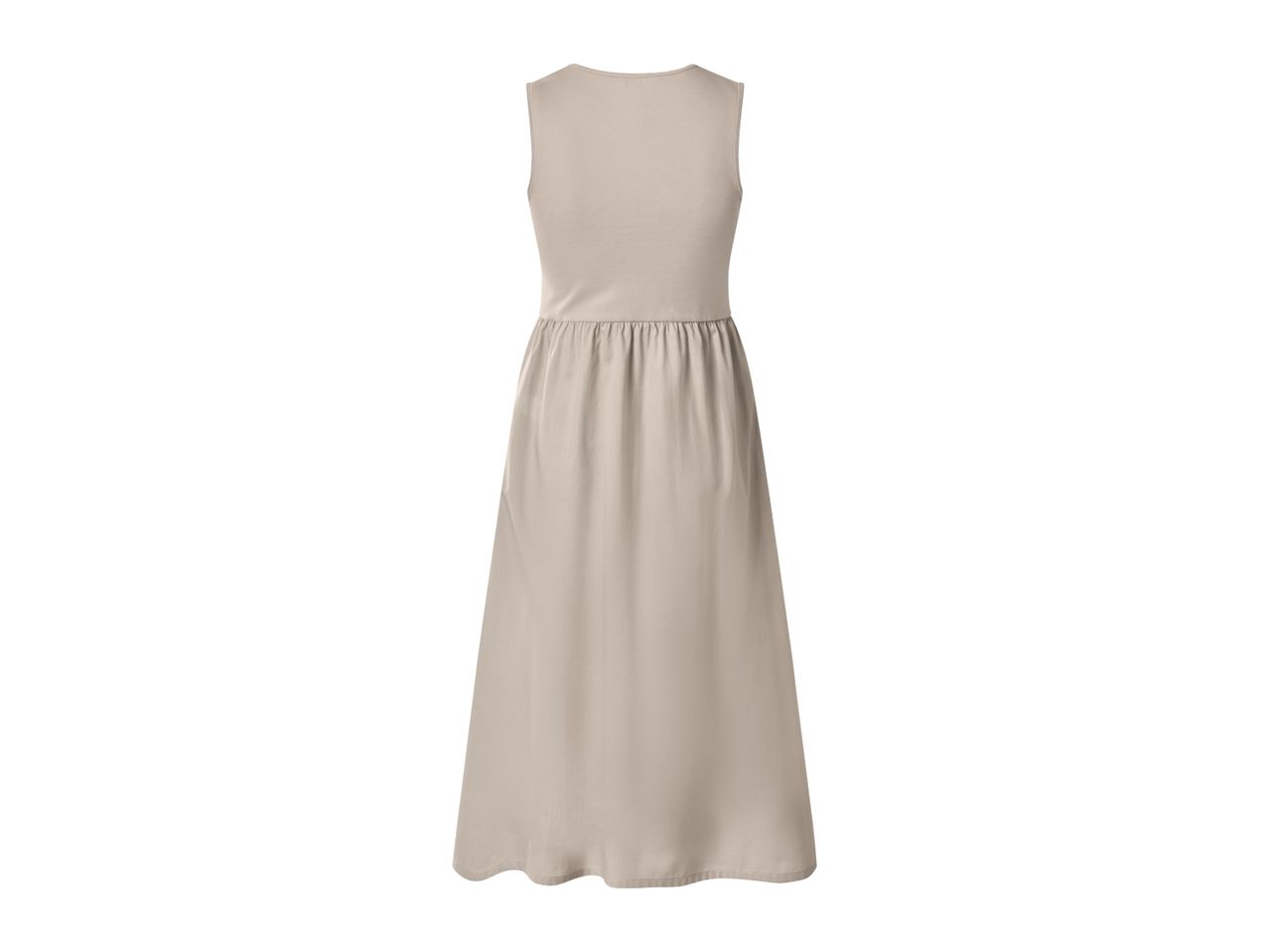 Back view of a sleeveless beige maxi dress with a gathered waist.