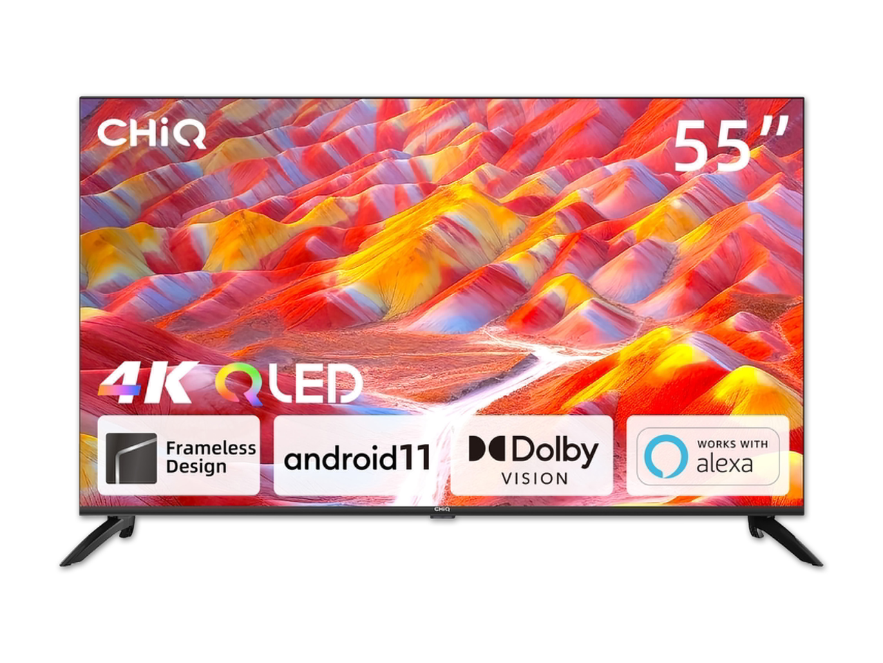 CHiQ 55-Zoll 4K QLED-Fernseher mit Android 11, Dolby Vision und Alexa-Unterstützung.