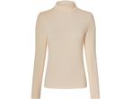Ribbed long-sleeve turtleneck top in a light beige color.