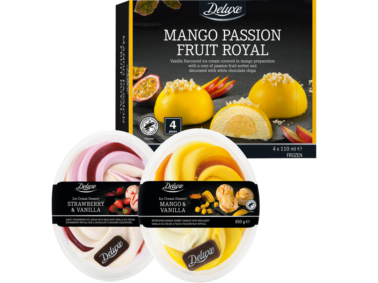Deluxe Mango Passion Fruit Royal och andra sorbéer i förpackningar.