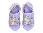 Pair of purple and pink children's sandals with an Elsa character print
