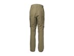 Back view of olive green cargo pants with side pockets and adjustable cuffs.