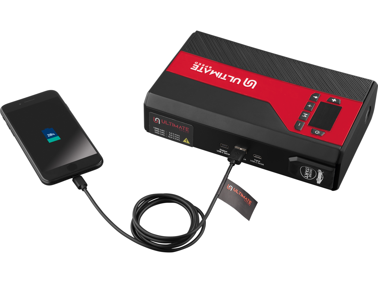 Un smartphone negru se încarcă de la o sursă de alimentare portabilă roșie și neagră.