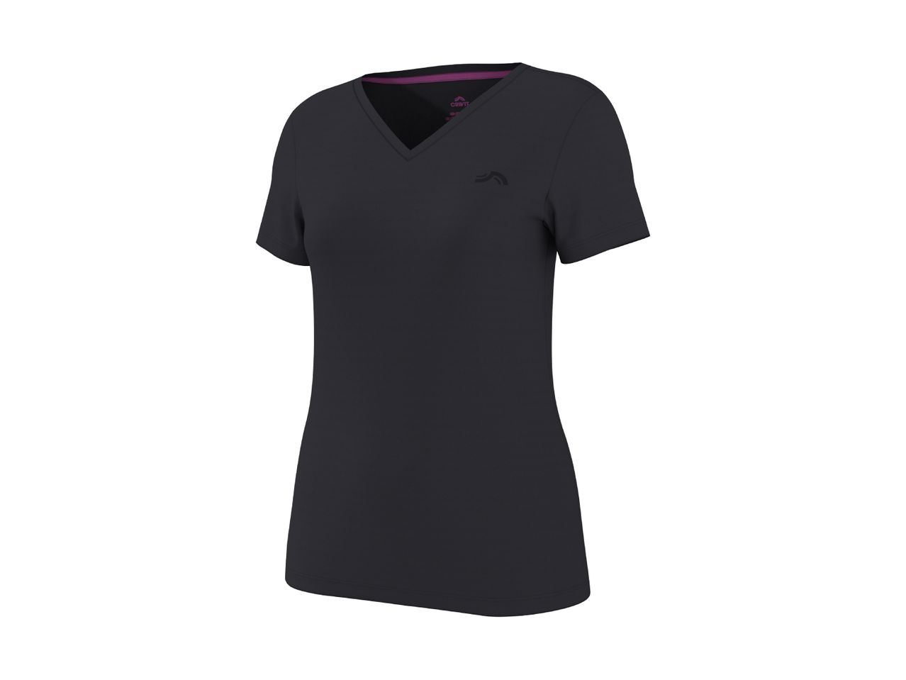 Black women's V-neck sports t-shirt with short sleeves and a small logo on the chest.