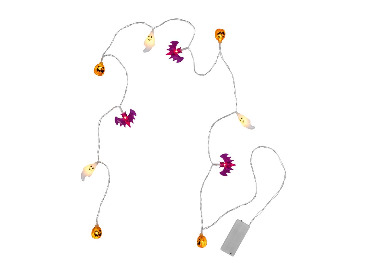 Halloween string lights with pumpkins, ghosts, and bats
