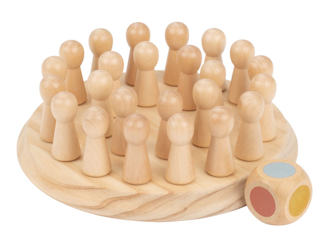Wooden board game with pawns and a colored dice