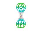 Green and blue baby rattle with colorful beads inside