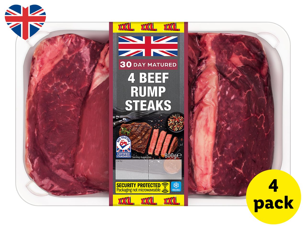A pack of 4 beef rump steaks, 800g, matured for 30 days.