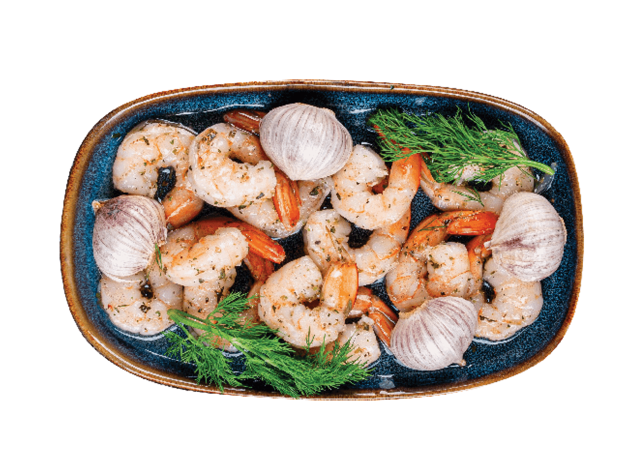 Krevetės su česnakais ir krapais mėlyname dubenyje