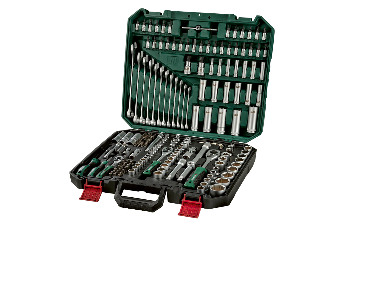 PARKSIDE instrumentu komplekts zaļi-melnā koferī, ar uzgriežņu atslēgām, uzgaļiem un bitiem.