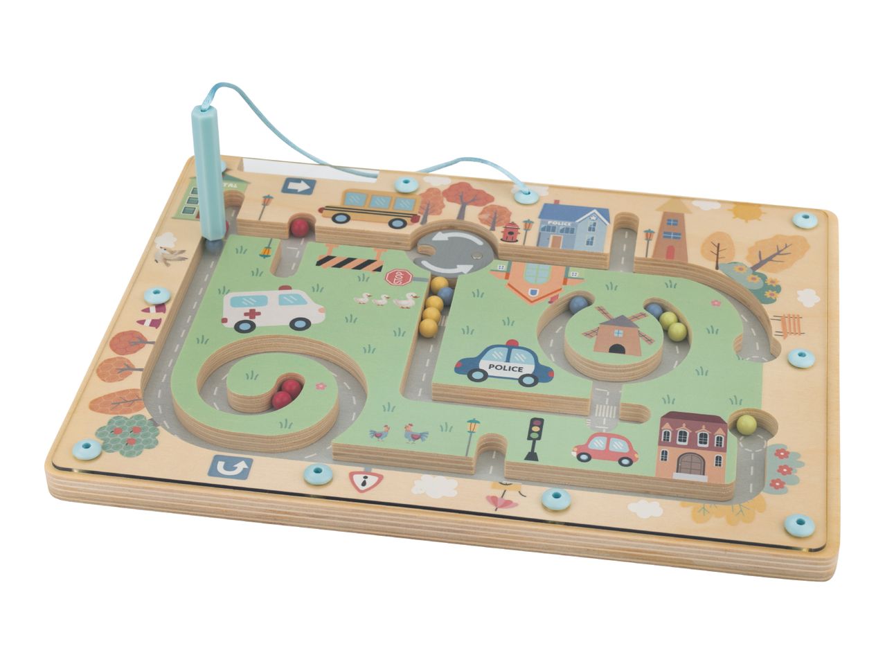 Wooden magnetic maze board with a city road theme, featuring vehicles and buildings.