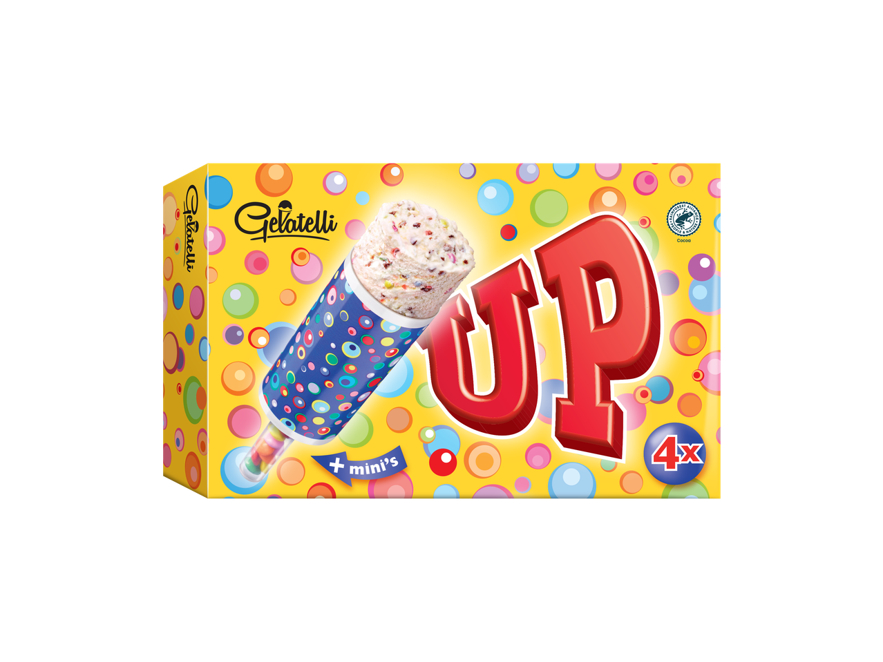 Gelatelli UP gelado de baunilha com mini's, pack de 4, cacau certificado Rainforest Alliance.