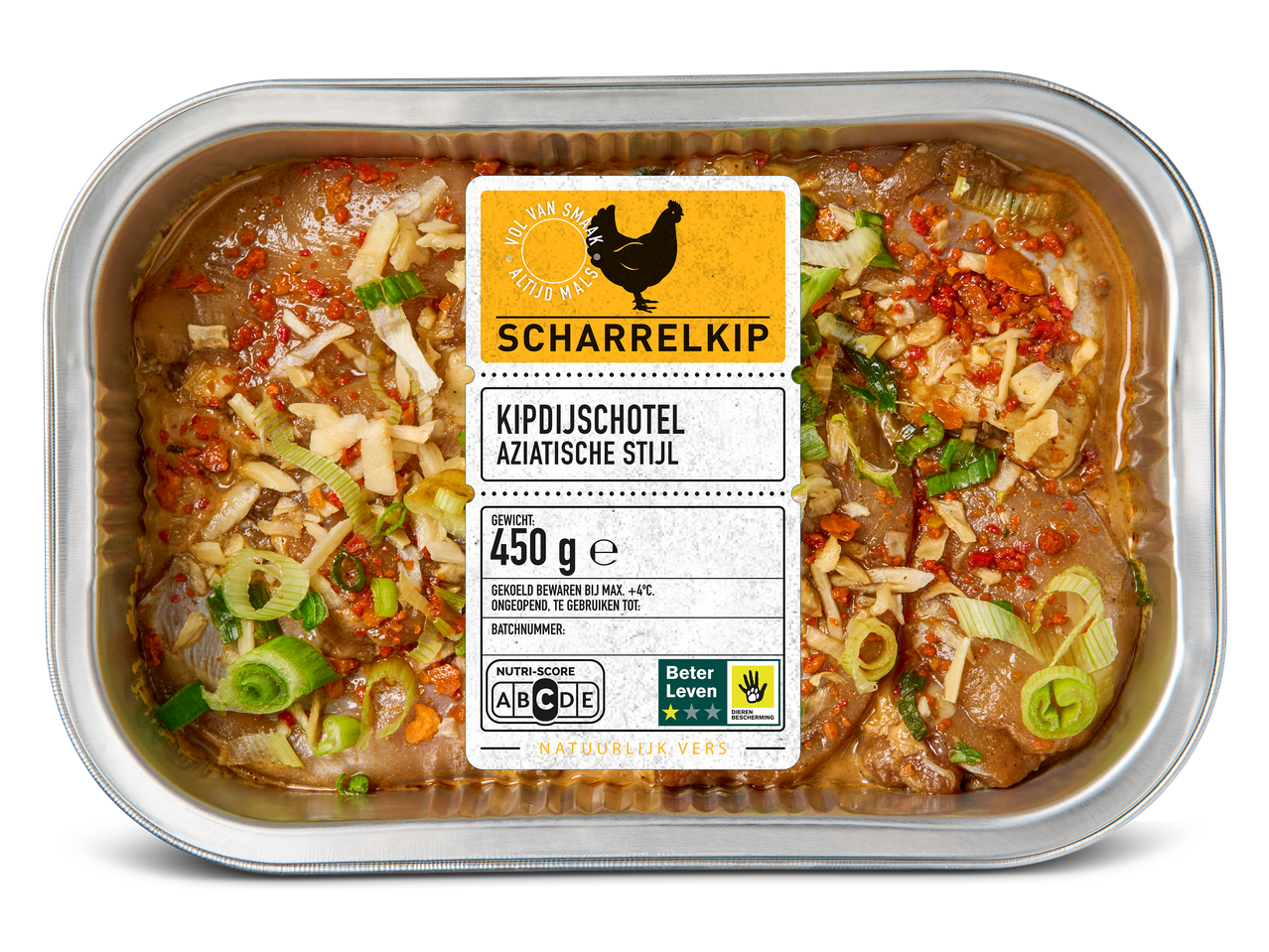 Scharrelkip kipdijschotel Aziatische stijl in een aluminium schaal.