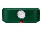 A dark green, textured flashlight with a bright, circular LED light and a red button.