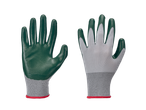 Pair of green and grey work gloves, one showing the palm and the other the back.