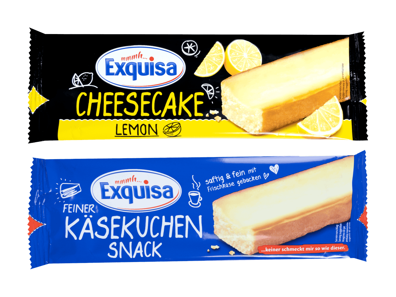 Exquisa Käsekuchen- und Käsekuchen-Snackriegel, einer mit Zitronengeschmack, auf schwarzem Hintergrund.