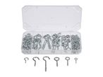 Assortment of metal hooks and screw eyes in a plastic storage case.