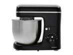 Black stand mixer with a stainless steel bowl and digital display showing 02:12.