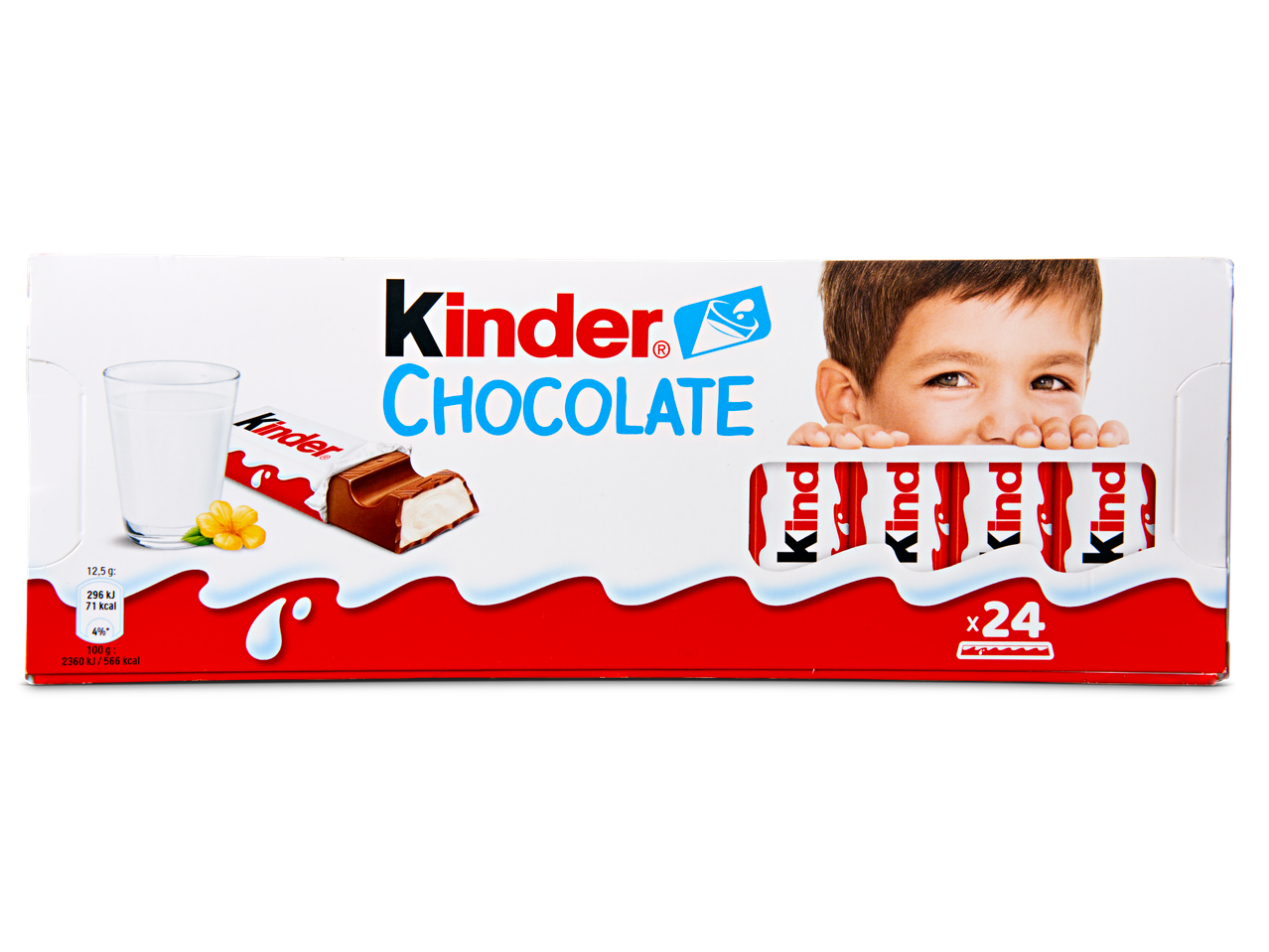 Verpakking met 24 Kinder Chocolate repen.