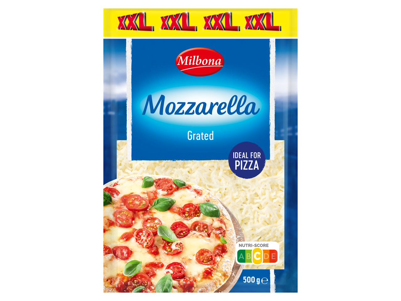 Milbona XXL geraspte mozzarella kaas, ideaal voor pizza.