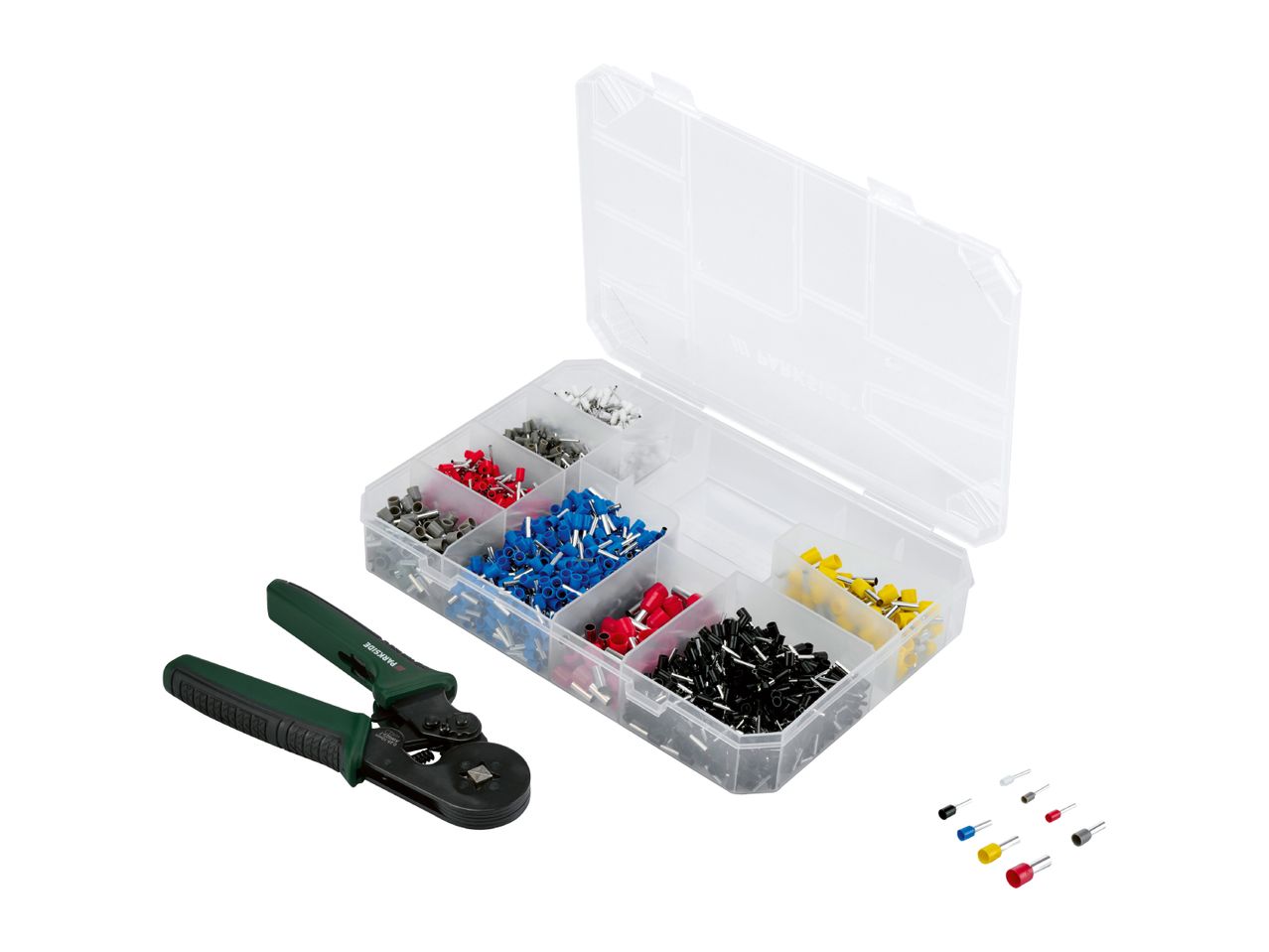 Crimping pliers and a clear organizer box filled with various colored wire ferrules.