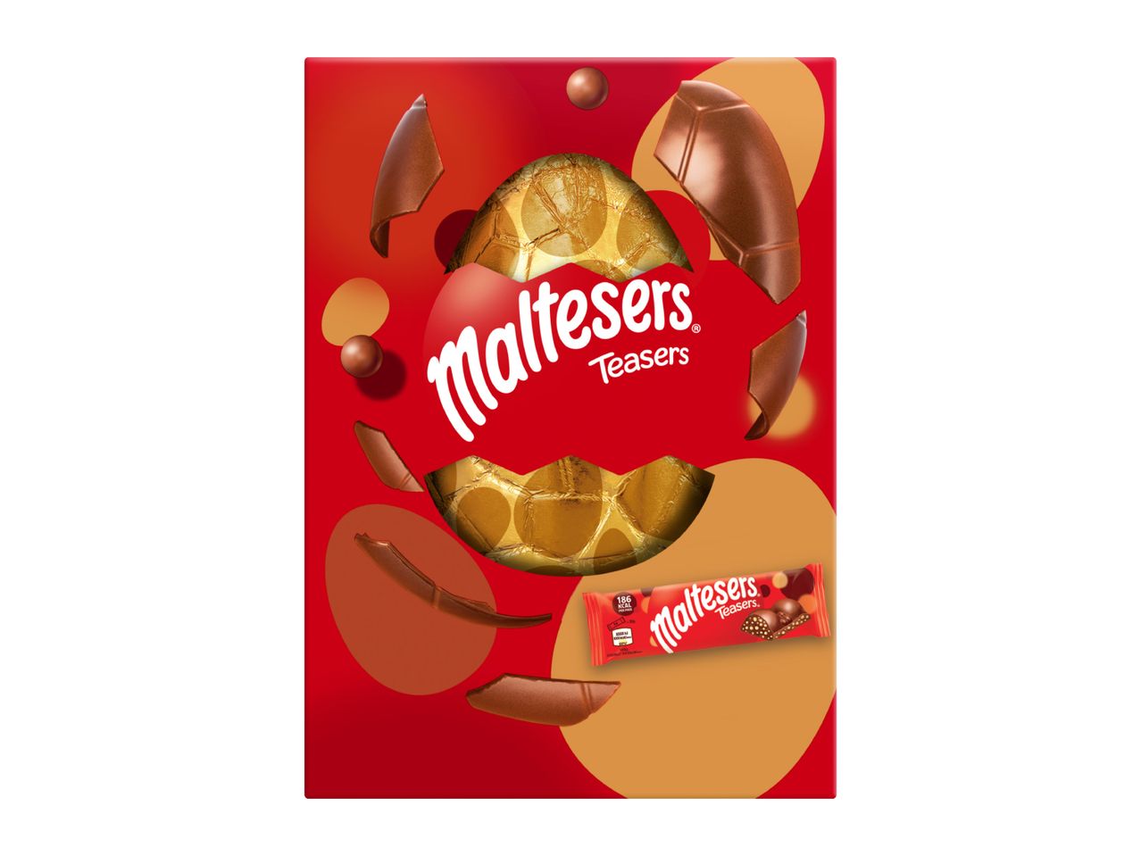 Red box with a broken chocolate egg revealing gold foil, and a chocolate bar.