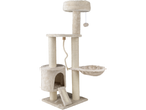 Smėlio spalvos daugiaaukštis kačių draskyklė su draskymo stulpais, kačių nameliu, hamaku ir žaisliniu kamuoliuku.