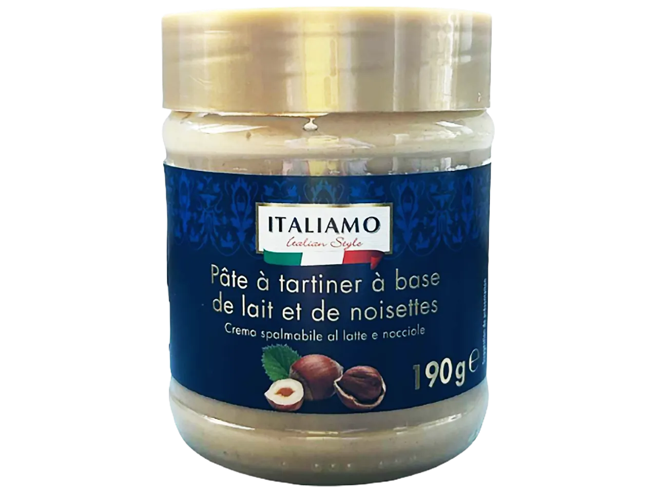 Pâte à tartiner à base de lait et de noisettes, 190g, style italien.