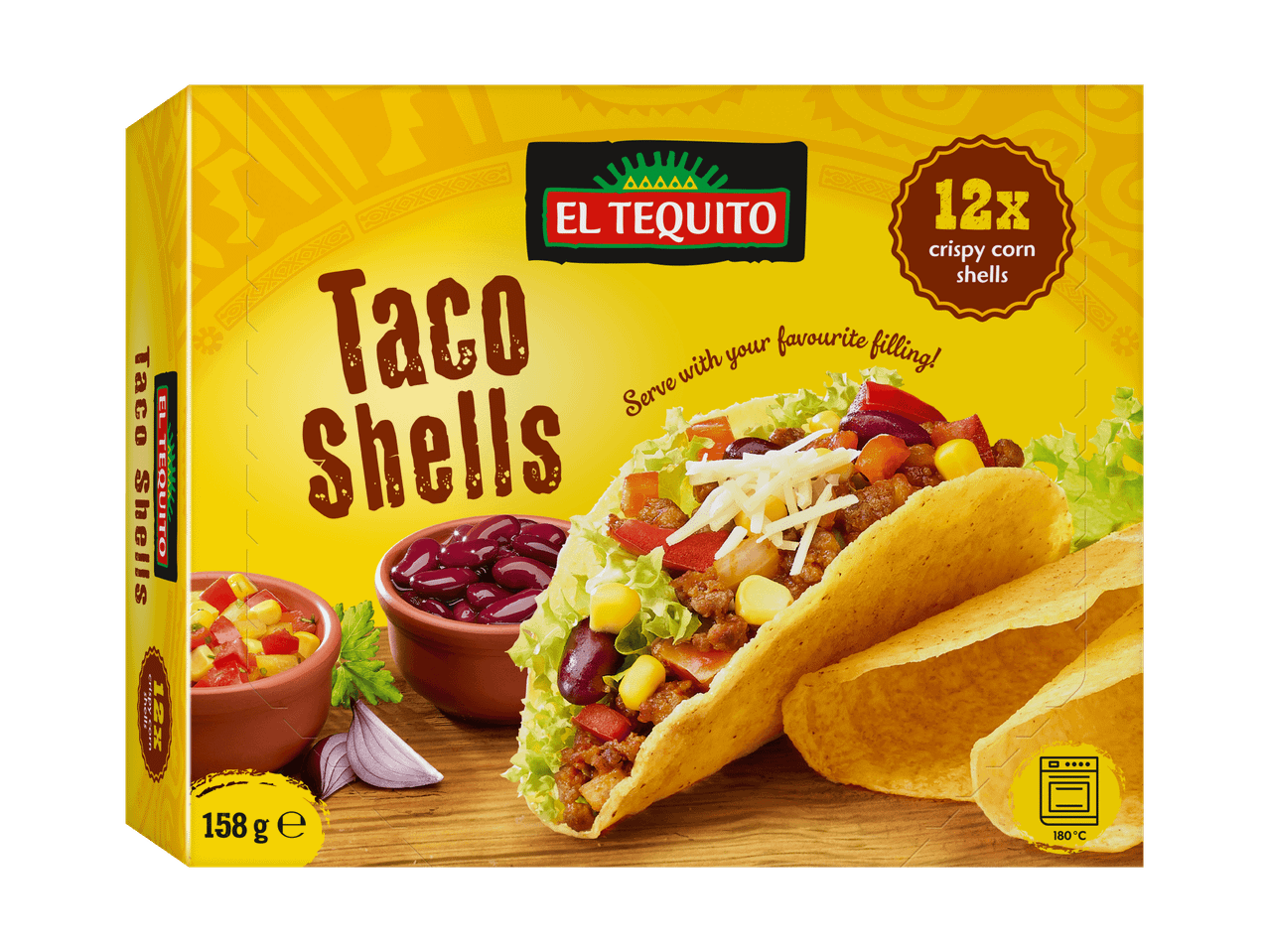 Confezione di El Tequito Taco Shells con 12 gusci di mais croccanti e un taco ripieno.