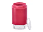 Red plastic water bottle with a clear base and an open lid, isolated on a white background.