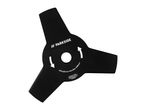 Black three-bladed brush cutter blade with specifications and manufacturer details.