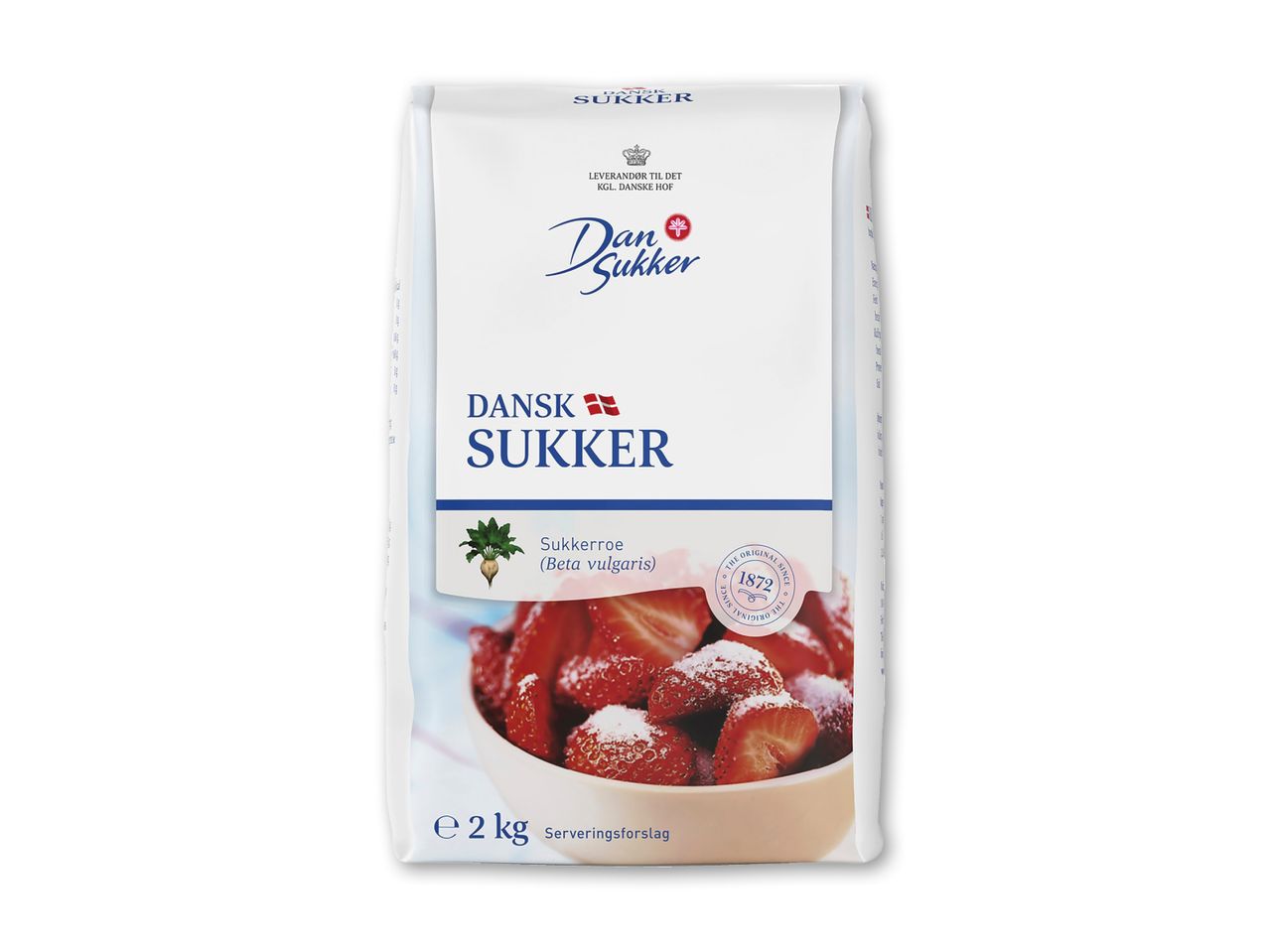 Hvid pose med dansk sukker, 2 kg, med billede af jordbær og sukkerroer.
