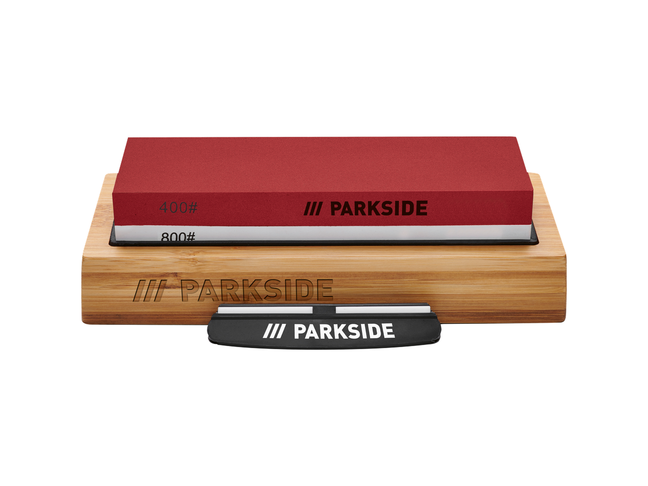 Parkside galąstuvas su dviem abrazyviniais paviršiais ir mediniu stovu.